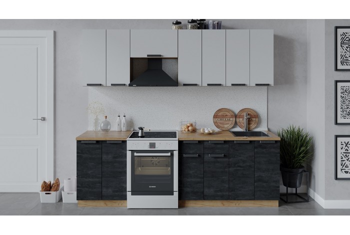 Кухонный гарнитур «Детройт» длиной 240 (180) см Дуб Крафт золотой, Белый глянец, Угольный Камень