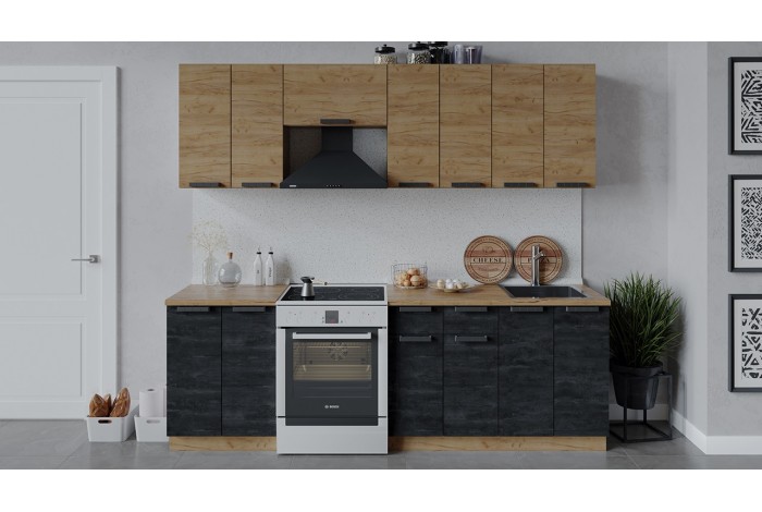 Кухонный гарнитур «Детройт» длиной 240 (180) см Дуб Крафт золотой, Угольный Камень