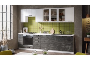 Кухонный гарнитур Детройт №3 290 см Белый, Белый глянец, Угольный Камень