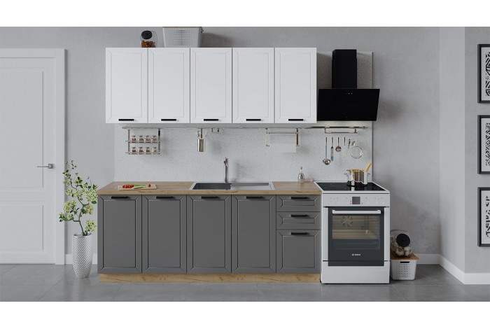 Кухонный гарнитур «Лорас» длиной 200 см Дуб Крафт золотой, Холст Белый, Холст Вулкан