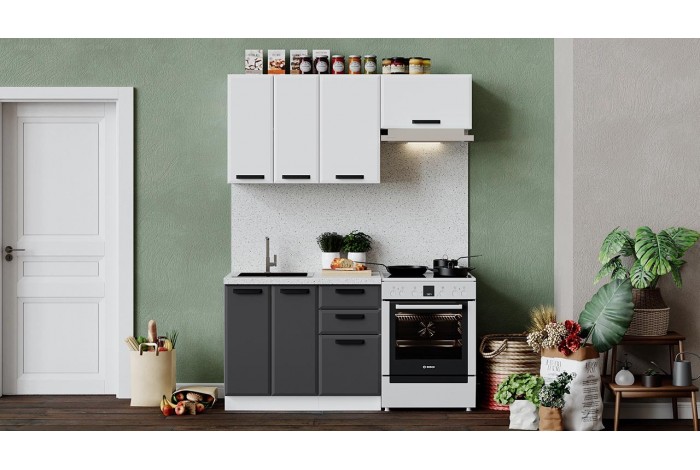 Кухонный гарнитур «Тиана» длиной 160 (100) см Белый, Белый супермат, Асфальт супермат