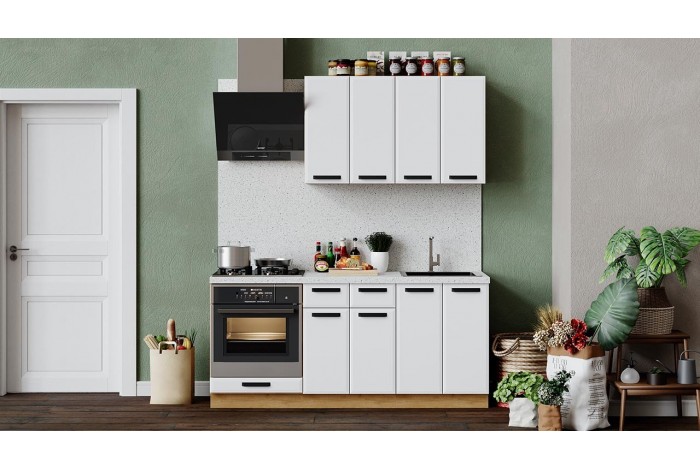 Кухонный гарнитур «Тиана» длиной 180 см со шкафом НБ Дуб Крафт золотой, Белый супермат