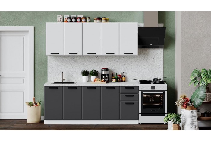 Кухонный гарнитур «Тиана» длиной 200 см Белый, Белый супермат, Асфальт супермат