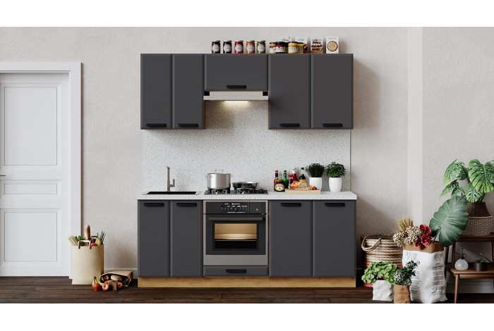 Кухонный гарнитур «Тиана» длиной 200 см со шкафом НБ Дуб Крафт золотой, Асфальт супермат