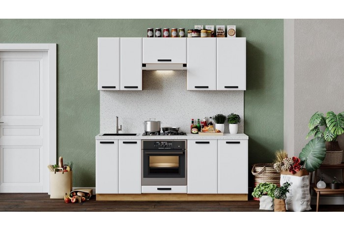 Кухонный гарнитур «Тиана» длиной 200 см со шкафом НБ Дуб Крафт золотой, Белый супермат