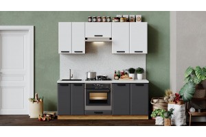 Кухонный гарнитур Тиана длиной 200 см со шкафом НБ Дуб Крафт золотой, Белый супермат, Асфальт супермат