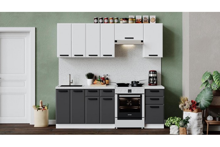 Кухонный гарнитур «Тиана» длиной 220 (160) см Белый, Белый супермат, Асфальт супермат