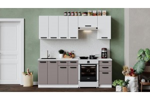 Кухонный гарнитур Тиана длиной 220 (160) см Белый, Белый супермат, Мокко супермат