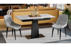 Стол обеденный Бридж Черный муар, Стекло глянцевое белый мрамор