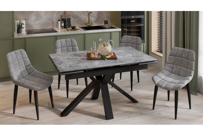 Стол обеденный «Дерби» Тип 1 Черный муар, Керамика матовая серый мрамор