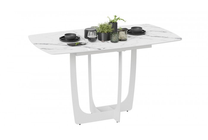 Стол обеденный «Орфей» Белый муар, Стекло глянцевое белый мрамор