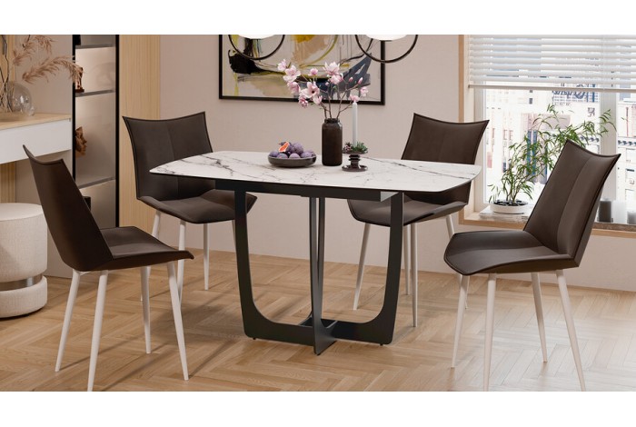 Стол обеденный «Орфей» Черный муар, Стекло глянцевое белый мрамор