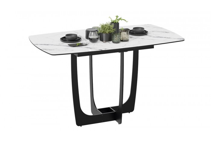 Стол обеденный «Орфей» Черный муар, Стекло глянцевое белый мрамор