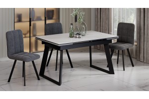 Стол обеденный раздвижной Стоун Тип 1 Черный муар, Керамика матовая белый мрамор