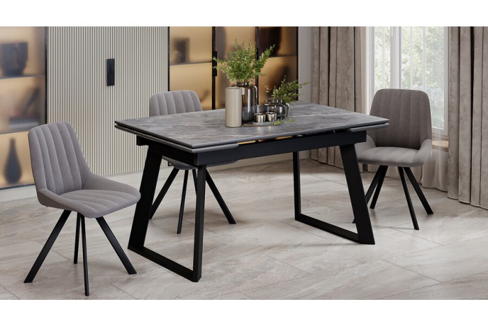 Стол обеденный раздвижной «Стоун» Тип 1 Черный муар, Керамика матовая серый мрамор
