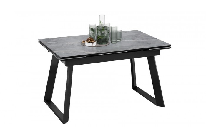 Стол обеденный раздвижной «Стоун» Тип 1 Черный муар, Керамика матовая серый мрамор