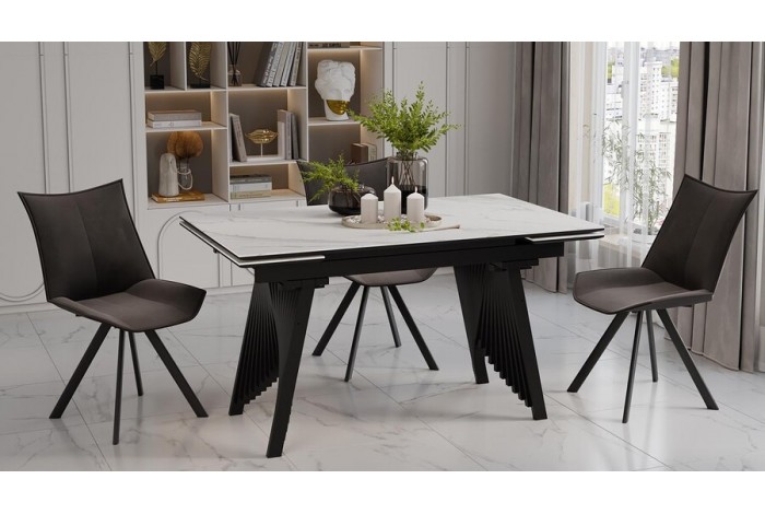 Стол обеденный «Шелдон» Тип 1 Черный муар, Керамика матовая белый мрамор