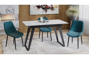 Стол обеденный Техно Черный муар, Стекло глянцевое белый мрамор