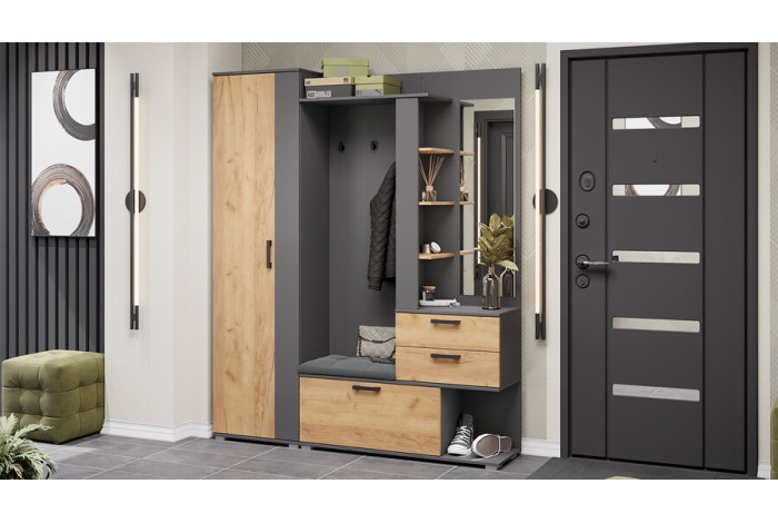 Модульная прихожая «Эрика» Тип 2 Графит Серый, Дуб Крафт золотой