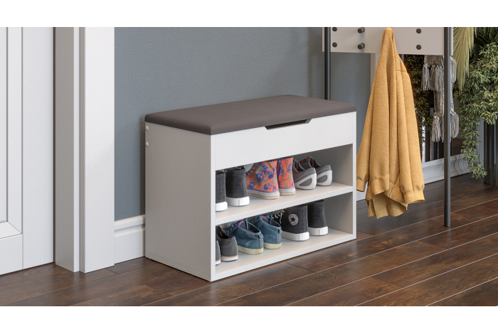 Тумба для обуви Тип 11 Белый Ясень, Велюр Серый