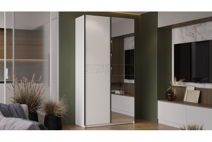 Шкаф-купе с 1 глухой и 1 зеркальной дверями «Оскар Скания» 1200 Ручка черная, Белый снег, Белый матовый (Глухой/Зеркало)