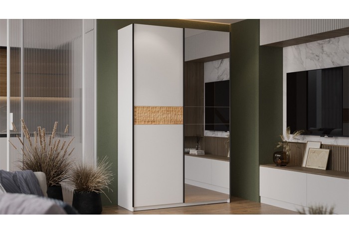 Шкаф-купе с 1 глухой и 1 зеркальной дверями «Оскар Скания» 1400 Ручка черная, Белый снег, Дуб тортугга (Глухой/Зеркало)