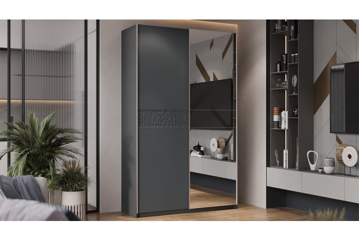 Шкаф-купе с 1 глухой и 1 зеркальной дверями «Оскар Скания» 1400 Ручка серебро, Серый графит, Графит матовый (Глухой/Зеркало)
