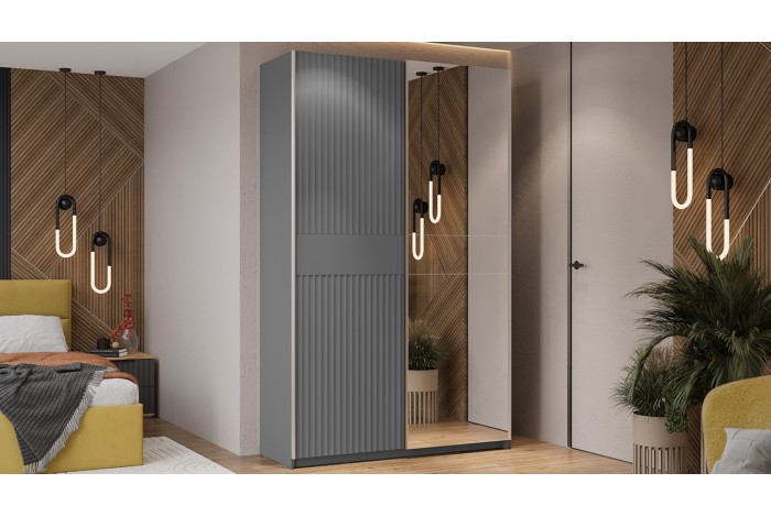 Шкаф-купе с 1 глухой и 1 зеркальной дверями «Оскар Тиффани» 1400 Ручка серебро, Серый графит, Графит матовый (Глухой/Зеркало)
