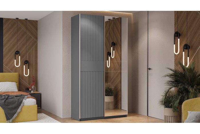 Шкаф-купе с 1 глухой и 1 зеркальной дверями «Оскар Тиффани» 1200 Ручка серебро, Серый графит, Графит матовый (Глухой/Зеркало)