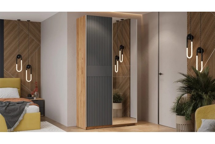 Шкаф-купе с 1 глухой и 1 зеркальной дверями «Оскар Хилтон» 1200 Ручка серебро, Дуб Крафт золотой, Графит матовый (Глухой/Зеркало)
