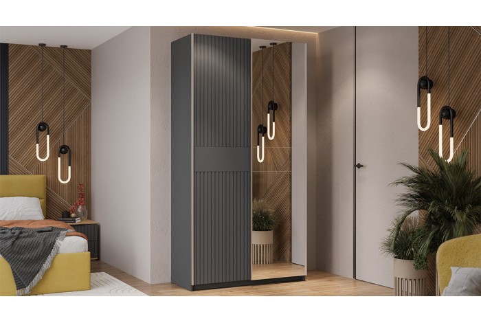Шкаф-купе с 1 глухой и 1 зеркальной дверями «Оскар Хилтон» 1200 Ручка серебро, Серый графит, Графит матовый (Глухой/Зеркало)