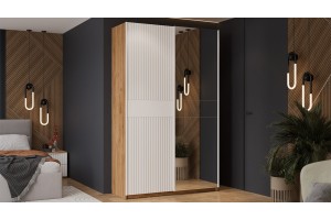 Шкаф-купе с 1 глухой и 1 зеркальной дверями Оскар Хилтон 1400 Ручка белая, Дуб Крафт золотой, Белый матовый (Глухой/Зеркало)