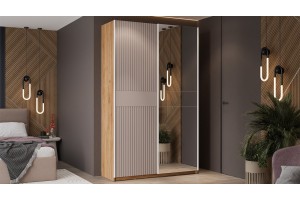 Шкаф-купе с 1 глухой и 1 зеркальной дверями Оскар Хилтон 1400 Ручка белая, Дуб Крафт золотой, Кашемир, Кашемир сатин (Глухой/Зеркало)