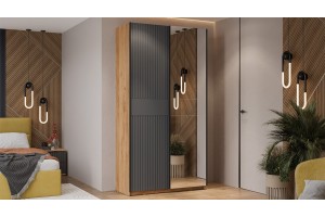 Шкаф-купе с 1 глухой и 1 зеркальной дверями Оскар Хилтон 1400 Ручка черная, Дуб Крафт золотой, Графит матовый (Глухой/Зеркало)