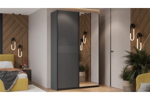 Шкаф-купе с 1 глухой и 1 зеркальной дверями Оскар Хилтон 1400 Ручка черная, Серый графит, Графит матовый (Глухой/Зеркало)