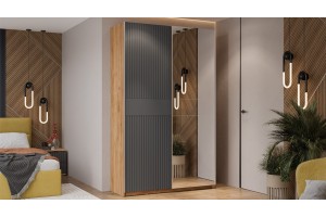 Шкаф-купе с 1 глухой и 1 зеркальной дверями Оскар Хилтон 1400 Ручка серебро, Дуб Крафт золотой, Графит матовый (Глухой/Зеркало)