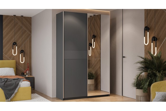 Шкаф-купе с 1 глухой и 1 зеркальной дверями «Оскар Хилтон» 1400 Ручка серебро, Серый графит, Графит матовый (Глухой/Зеркало)
