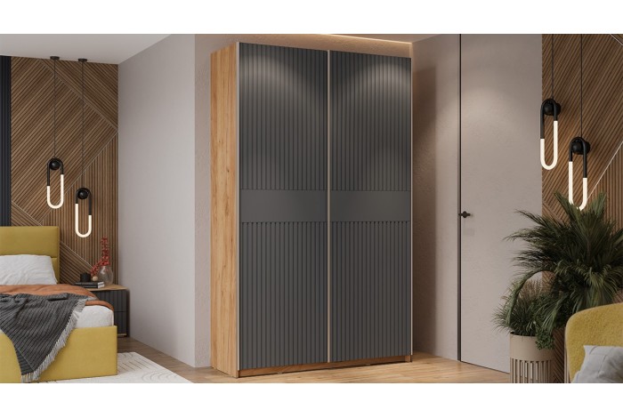 Шкаф-купе с 2 глухими дверями «Оскар Хилтон» 1400 Ручка серебро, Дуб Крафт золотой, Графит матовый (Глухой/Глухой)