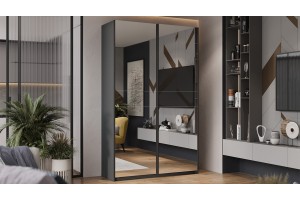 Шкаф-купе с 2 зеркальными дверями Оскар 1400 Ручка черная, Серый графит (Зеркало/Зеркало)