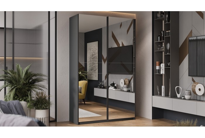 Шкаф-купе с 2 зеркальными дверями «Оскар» 1400 Ручка черная, Серый графит (Зеркало/Зеркало)
