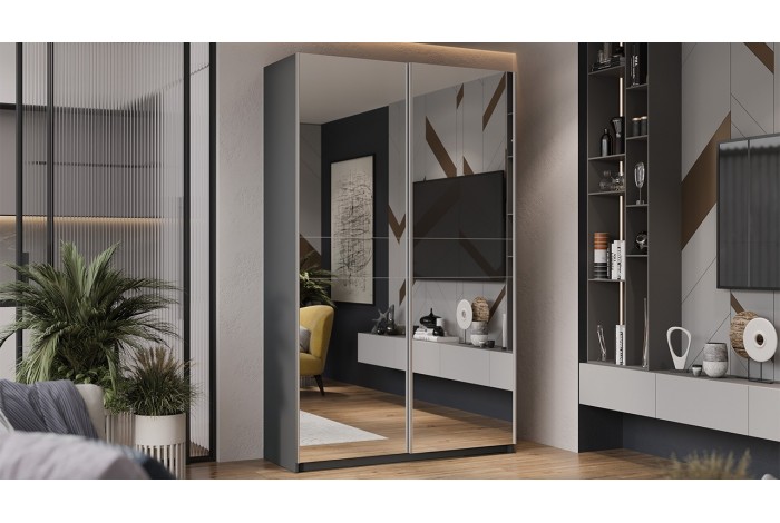 Шкаф-купе с 2 зеркальными дверями «Оскар» 1400 Ручка серебро, Серый графит (Зеркало/Зеркало)