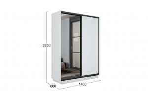 Шкаф-купе 2-х дверный Румер-2 1400 Белый снег, Черный профиль (Глухой/Зеркало)