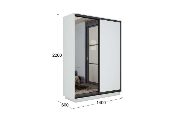 Шкаф-купе 2-х дверный «Румер-2» 1400 - СШК 3.140.70-11.13(Н) Белый снег, Черный профиль (Глухой/Зеркало)