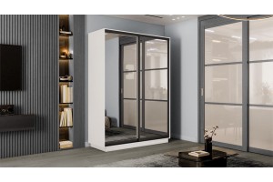 Шкаф-купе 2-х дверный Румер-2 1400 Белый снег, Черный профиль (Зеркало/Зеркало)