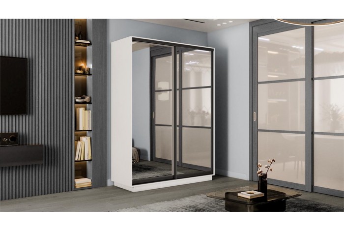 Шкаф-купе 2-х дверный «Румер-2» 1400 - СШК 3.140.70-13.13(Н) Белый снег, Черный профиль (Зеркало/Зеркало)