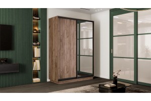 Шкаф-купе 2-х дверный Румер-2 1400 Дуб Крафт Табачный, Черный профиль (Глухой/Зеркало)