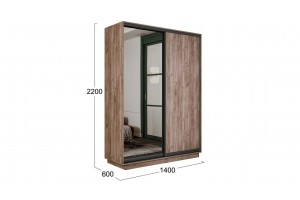 Шкаф-купе 2-х дверный Румер-2 1400 Дуб Крафт Табачный, Черный профиль (Глухой/Зеркало)