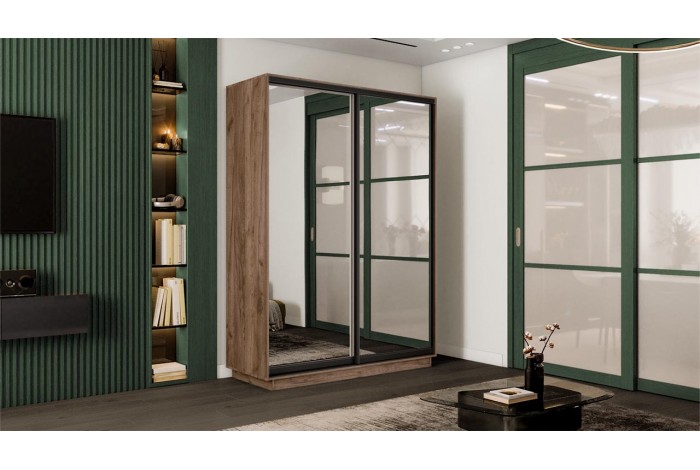 Шкаф-купе 2-х дверный «Румер-2» 1400 - СШК 3.140.70-13.13(Н) Дуб Крафт Табачный, Черный профиль (Зеркало/Зеркало)