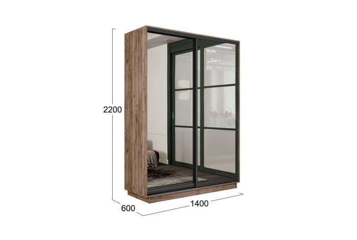 Шкаф-купе 2-х дверный «Румер-2» 1400 - СШК 3.140.70-13.13(Н) Дуб Крафт Табачный, Черный профиль (Зеркало/Зеркало)