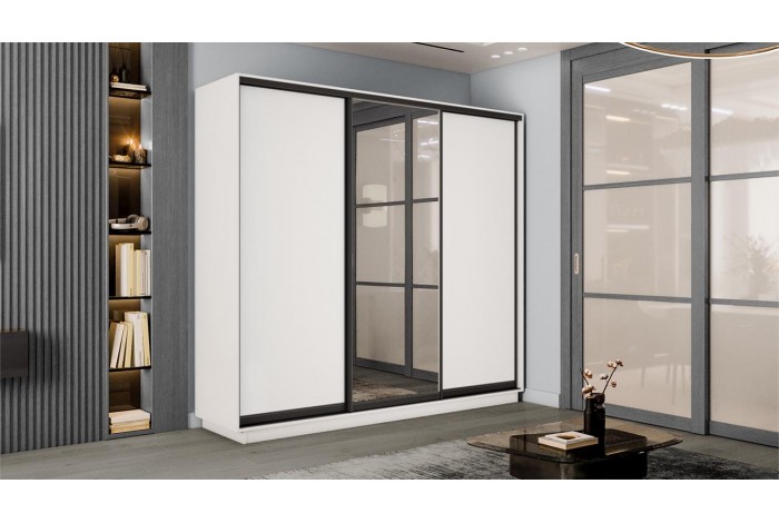 Шкаф-купе 3-х дверный «Румер-2» 2100 - СШК 3.210.70-11.13.11(Н) Белый снег, Черный профиль (Глухой/Зеркало/Глухой)